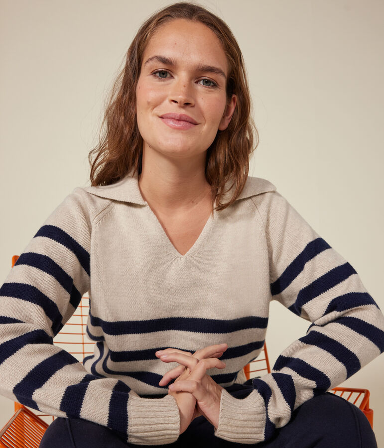 Damestrui van wol en katoen ecru/blauw