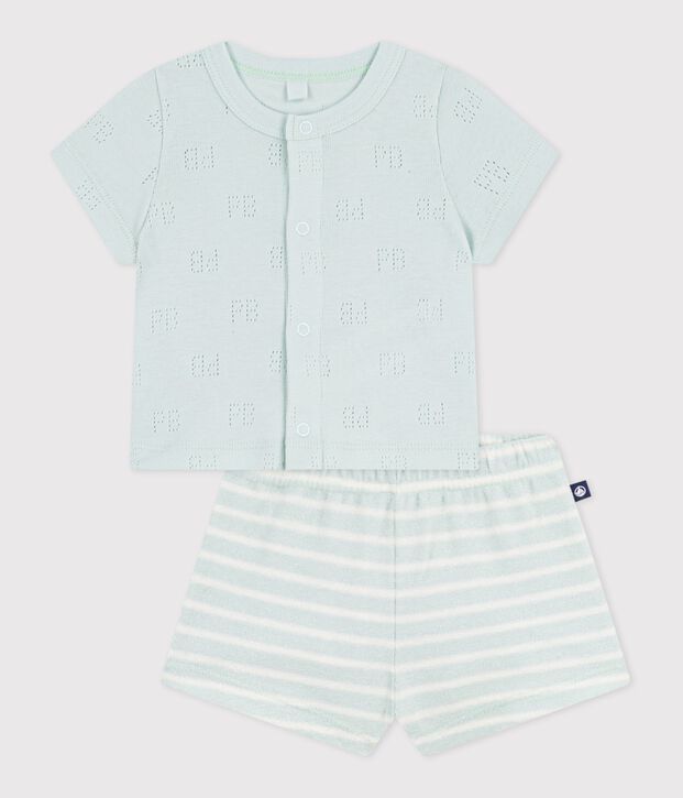 Ensemble court 2 pi&egrave;ces b&eacute;b&eacute; en coton, bas ray&eacute; bleu/&eacute;cru