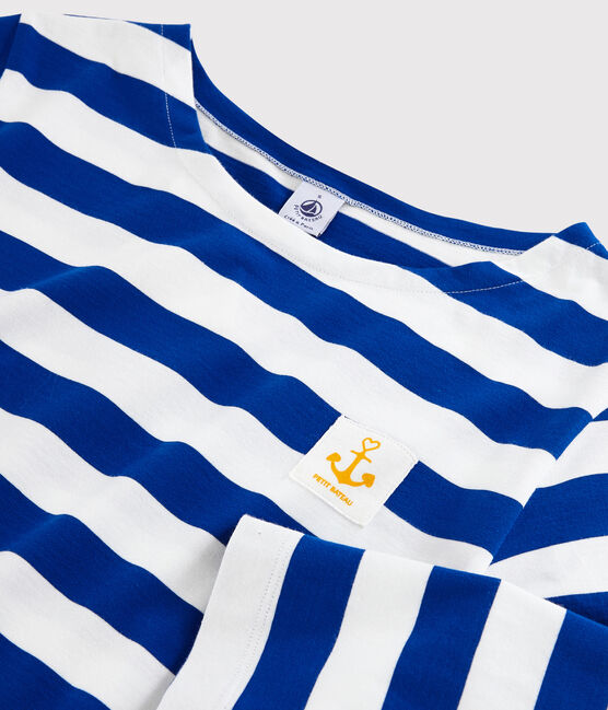Gestreepte jurk met lange mouwen Dames blauw SURF/wit MARSHMALLOW