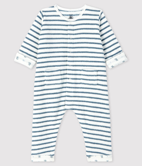 Combinaison longue rayée bébé en bouclette éponge blanc MARSHMALLOW/bleu ASTRO