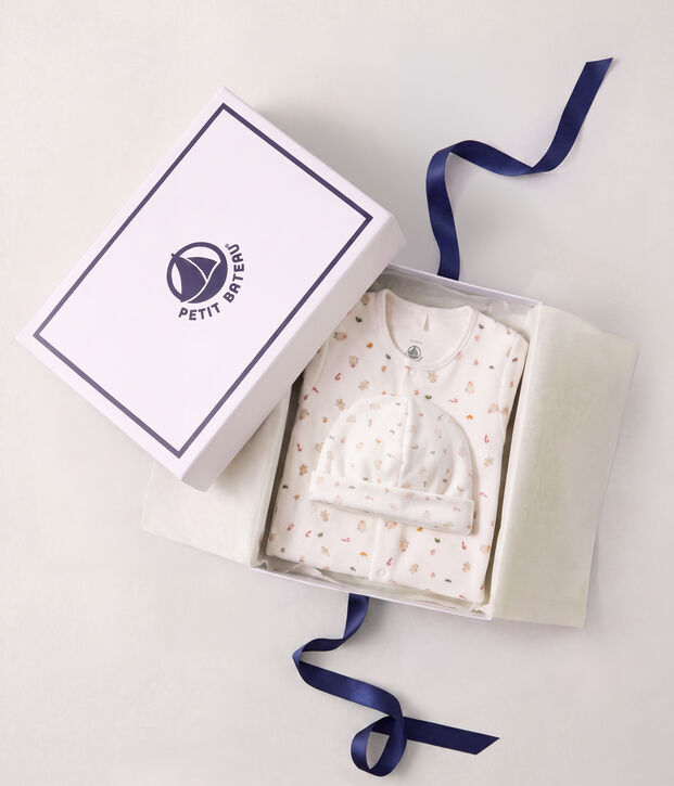 Coffret cadeau naissance en coton imprim&eacute; multicouleur