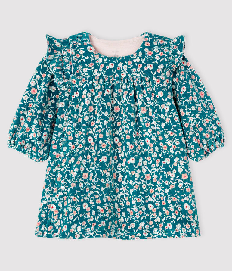 Robe manches longues fleurie b&eacute;b&eacute; fille en velours vert/multicouleur