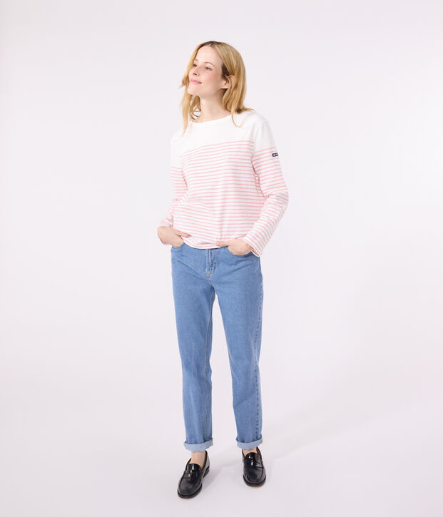 Tee-shirt marini&egrave;re femme en coton manches longues blanc/rose