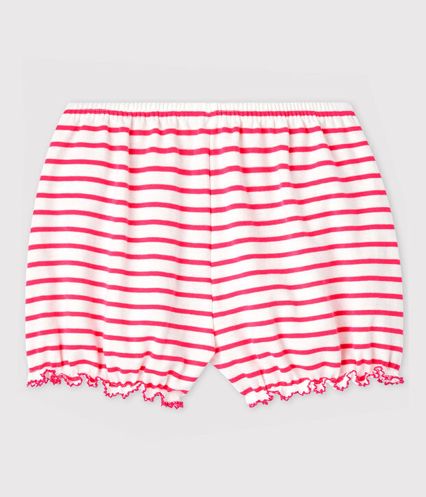 Culotte bloomer ray&eacute;e en coton b&eacute;b&eacute; fille. blanc/rose