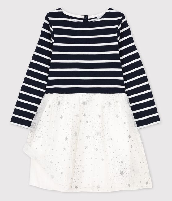 Meisjesjurk met lange mouwen van katoen en tule blauw SMOKING/wit MARSHMALLOW