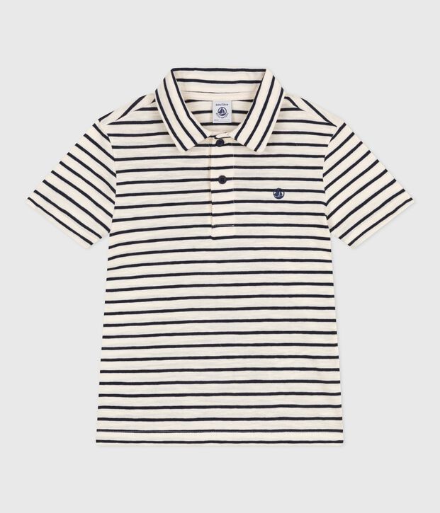 Katoenen kinderpolo met korte mouw en streepjes ecru/blauw
