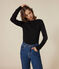L'Iconique, T-shirt met lange mouw van effen ribstof voor dames zwart BLACK