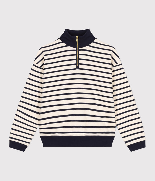 Sweatshirt van geruwde fleece met schipperskraag voor dames ecru/blauw