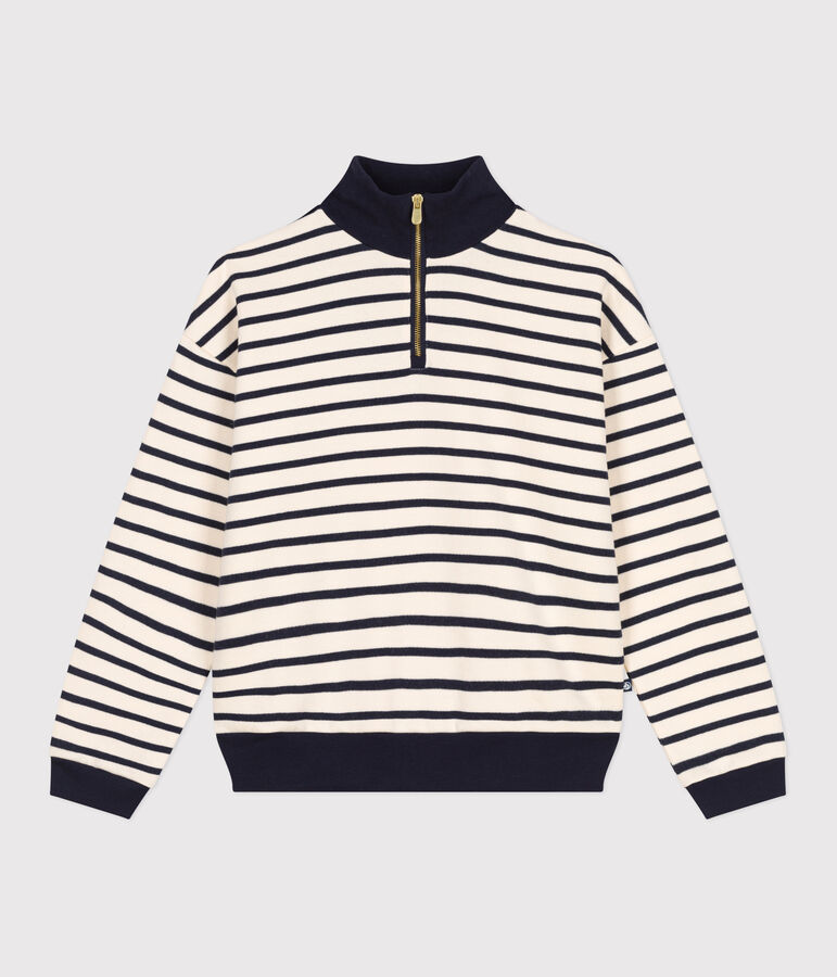 Sweatshirt van geruwde fleece met schipperskraag voor dames ecru/blauw