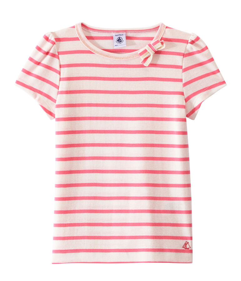 Marinegestreept meisjes-T-shirt wit MARSHMALLOW/roze PETAL