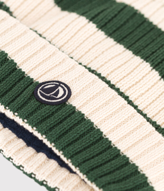 Bonnet ray&eacute; en tricot doubl&eacute; en polaire enfant gar&ccedil;on-fille vert/&eacute;cru