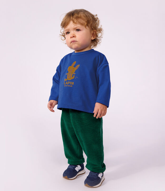 Tee-shirt b&eacute;b&eacute; en coton manches longues uni &agrave; motif bleu