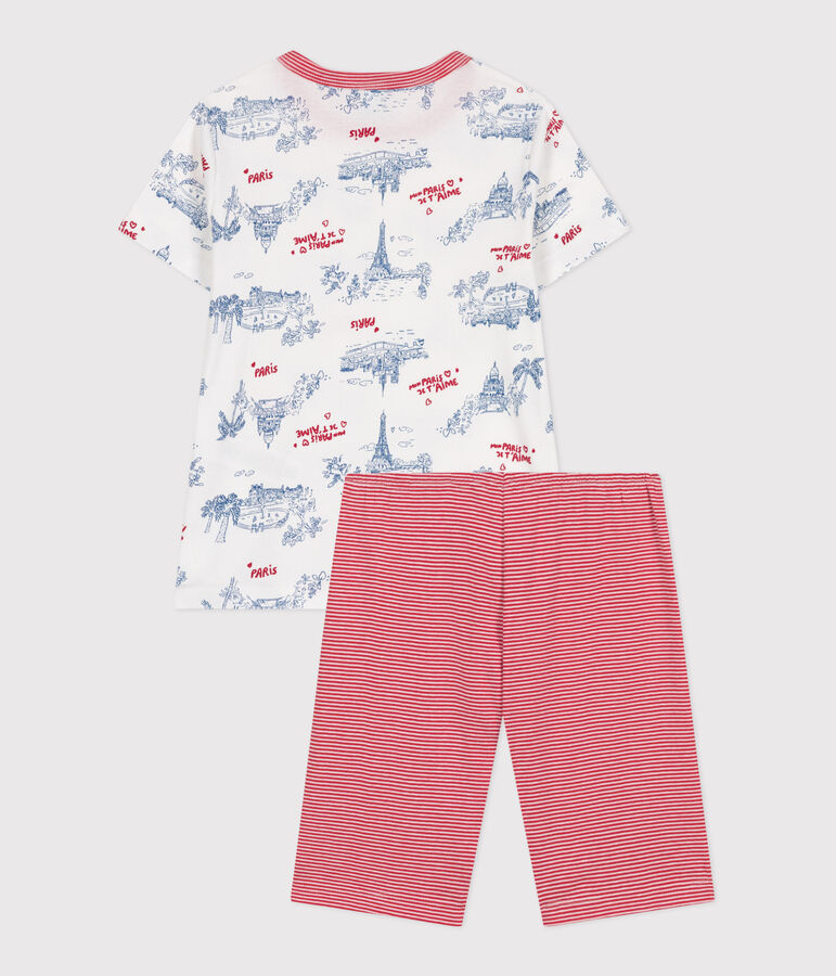 Pyjama short enfant en coton mi-long imprim&eacute; Paris blanc MARSHMALLOW/blanc MULTICO
