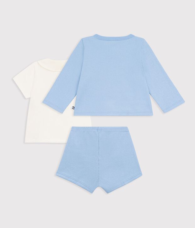 Ensemble 3 pi&egrave;ces b&eacute;b&eacute; en coton avec broderies au col bleu clair