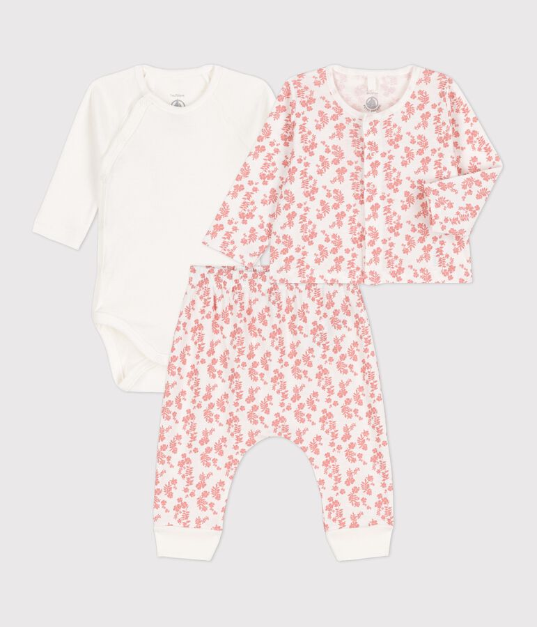 Ensemble 3 pi&egrave;ces b&eacute;b&eacute; imprim&eacute; Hawa&iuml; en coton bio blanc/rose
