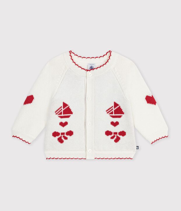 Cardigan b&eacute;b&eacute; en tricot laine et coton et motifs jacquards blanc/rouge