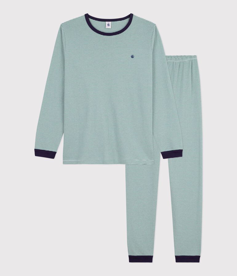 Pyjama enfant en coton &agrave; rayures vert/blanc