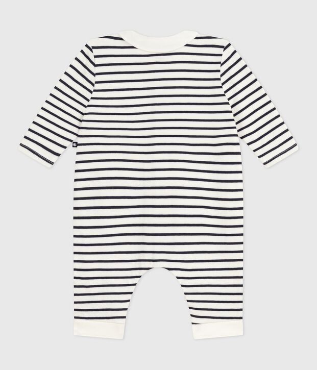 Combinaison b&eacute;b&eacute; en coton &agrave; col, rayure marini&egrave;re blanc/bleu