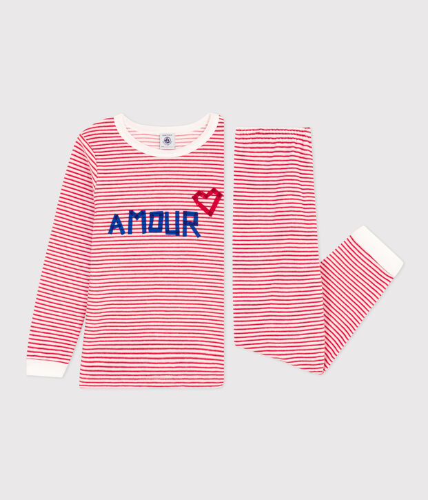 Pyjama ray&eacute; en velours enfant blanc/rouge