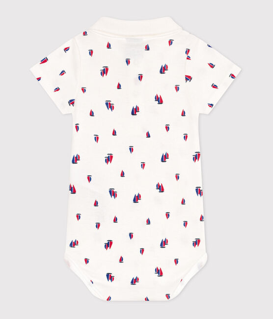 Katoenen babybody met korte mouwen en bootjesprint wit MARSHMALLOW/wit MULTICO