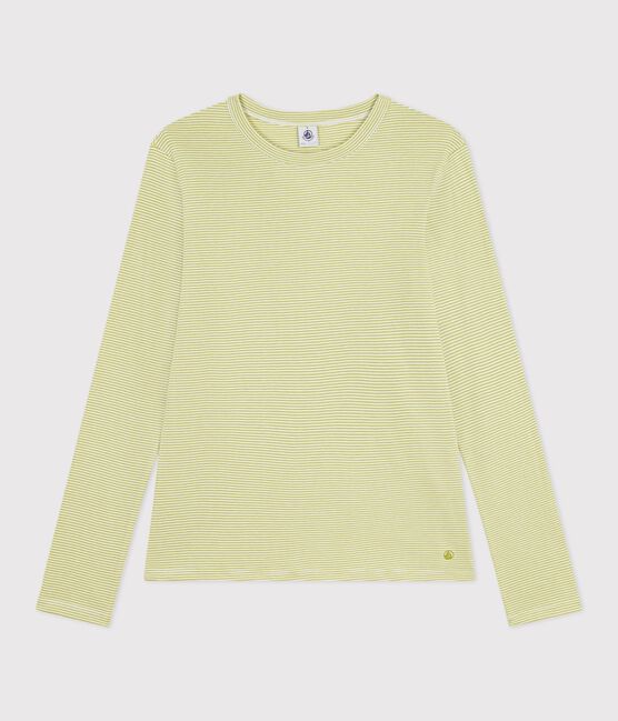 Gestreept katoenen T-shirt met lange mouwen voor dames groen MOSS/ MARSHMALLOW