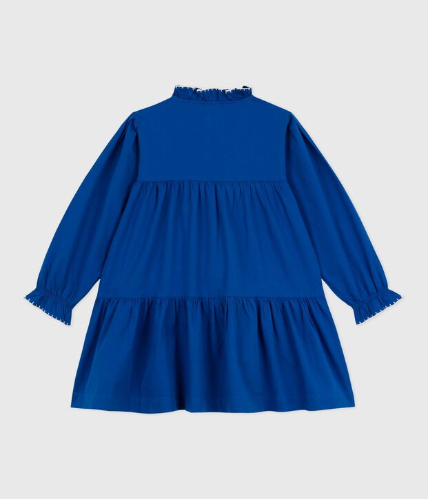 Effen katoenen kinderjurk met lange mouwen blauw