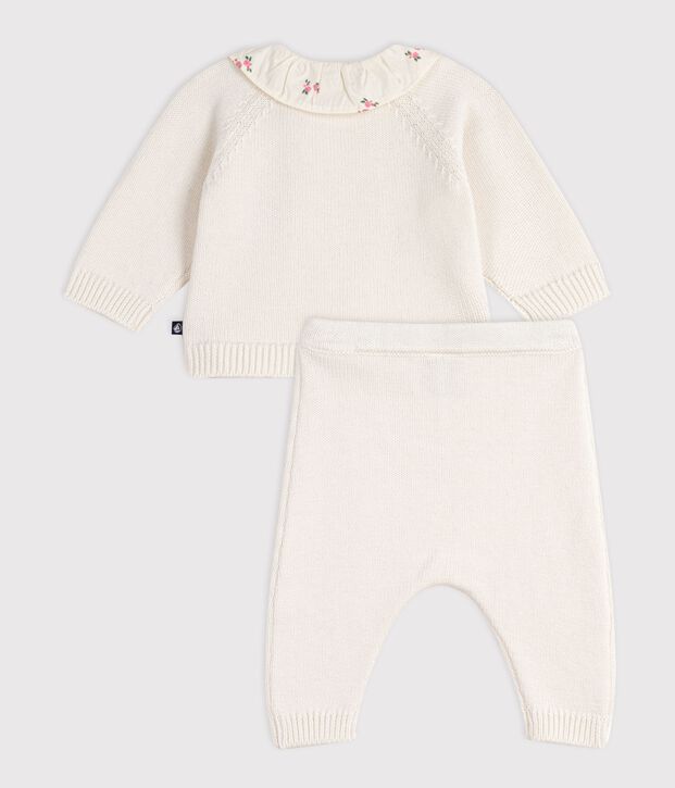 Ensemble 2 pi&egrave;ces b&eacute;b&eacute; en laine et coton avec collerette fleurie blanc