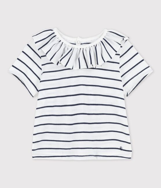 Blouse manches courtes rayée en jersey bébé blanc MARSHMALLOW/bleu SMOKING