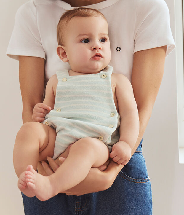 Gestreept babyspeelpakje van katoenen badstof blauw/ecru