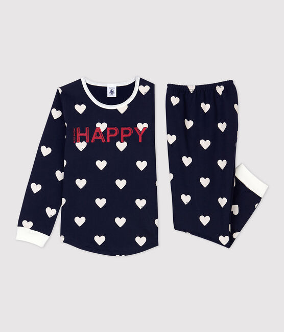 Meisjes/jongens pyjama van molton met hartjesprint blauw SMOKING/wit MARSHMALLOW