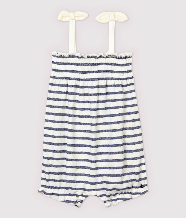 Korte gestreepte katoenen/linnen jumpsuit voor meisjes wit/blauw
