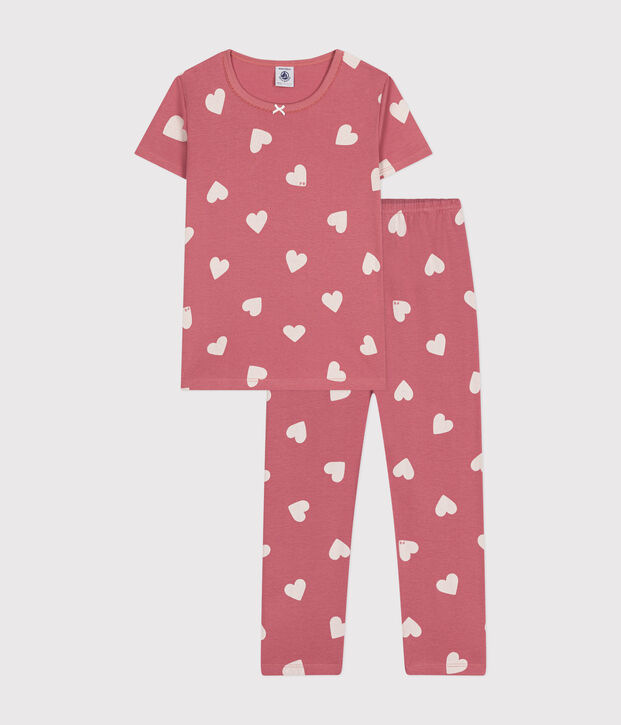 Pyjama en coton imprim&eacute; motif c&oelig;ur enfant rose/&eacute;cru