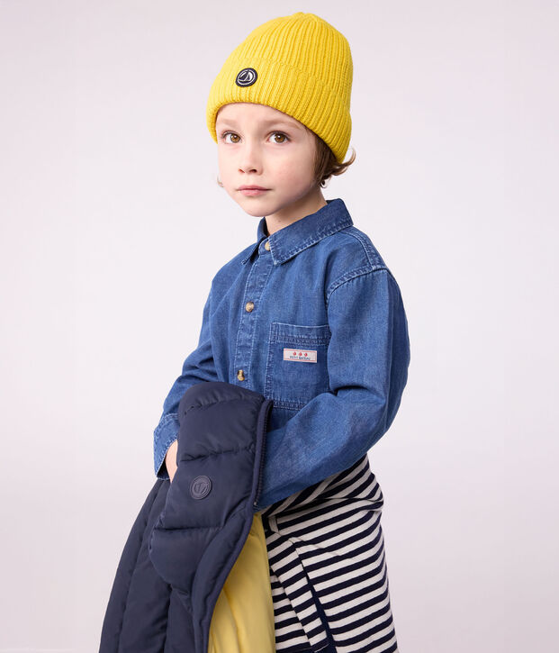 Bonnet enfant en tricot doubl&eacute; en polaire jaune