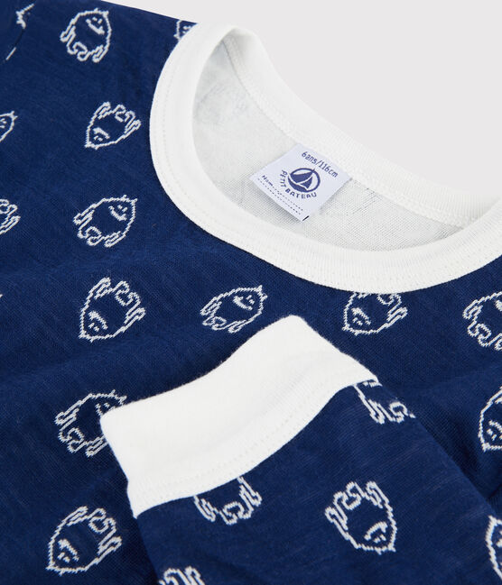 Pyjama jacquard yeti en laine et coton petit garçon bleu MEDIEVAL/blanc MARSHMALLOW