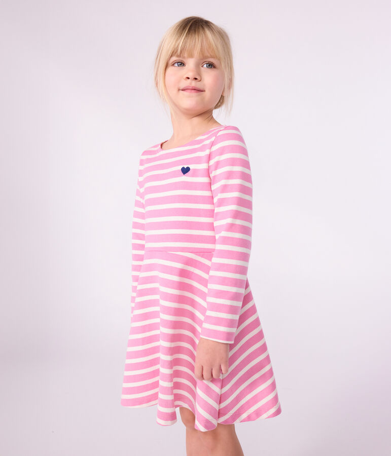 Robe enfant manches longues en coton rose/&eacute;cru
