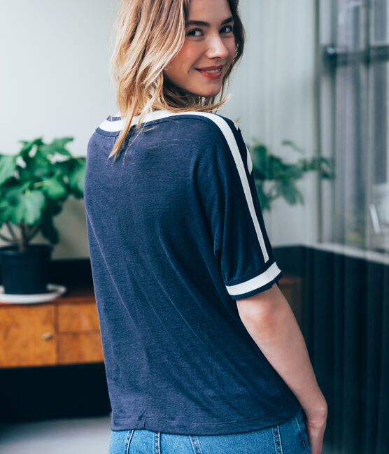 dames tee-shirtmet korte mouwen in linnen blauw SMOKING