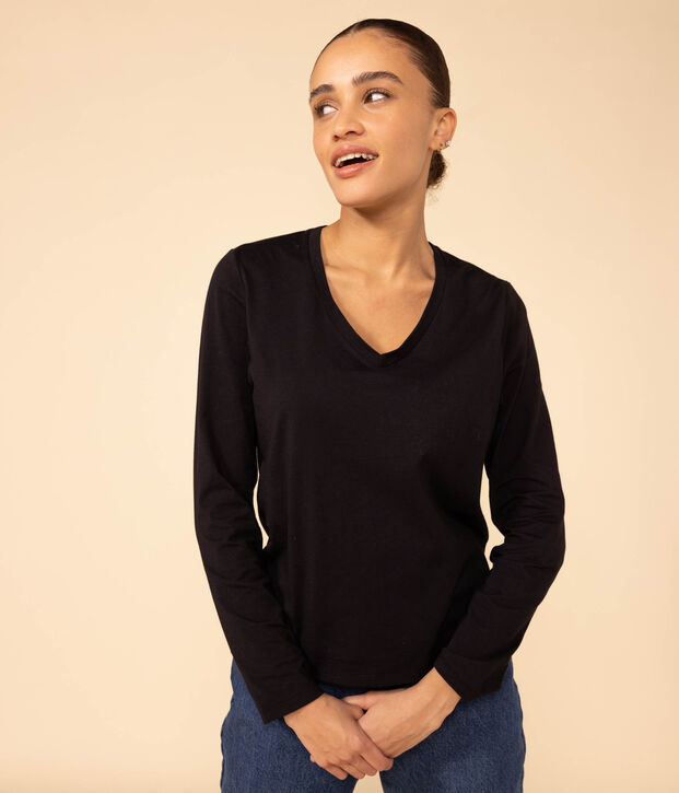 Le Droit, T-shirt met lange mouw en V-hals van dunne jersey voor dames zwart