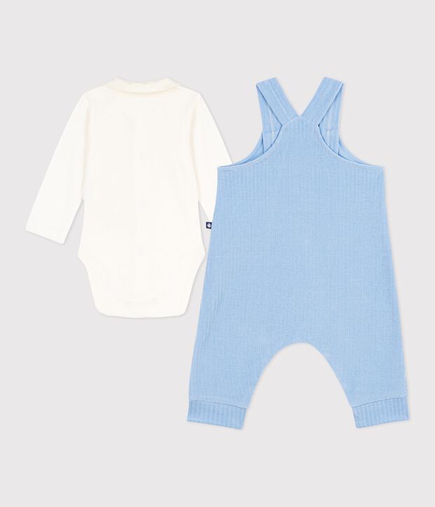 Effen katoenen babysetje met salopette/rompertje, verfraaid met geborduurde details blauw/ecru