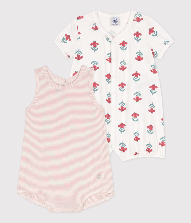 Set met 2 korte playsuits met bloemen van katoen voor baby's multicouleur