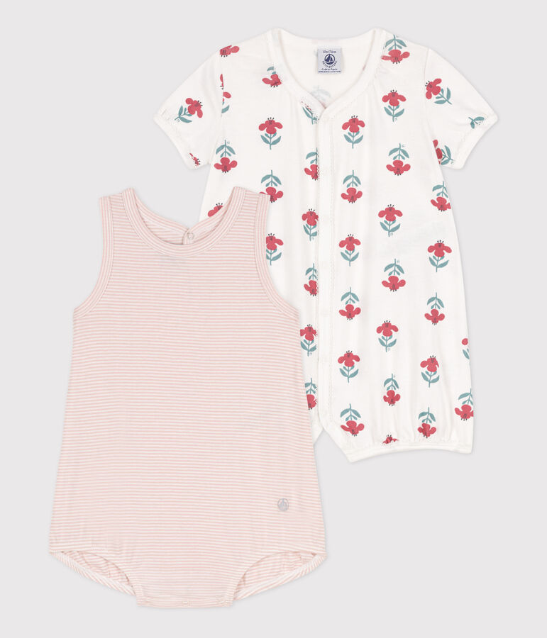 Lot de 2 combinaisons courtes fleurs en coton b&eacute;b&eacute; multicouleur