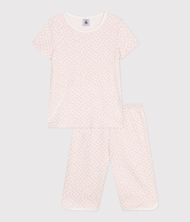Pyjama capri enfant en coton imprim&eacute; fleuri blanc/rose