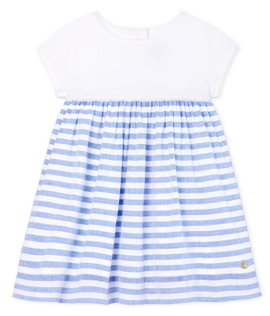 Jurk met korte mouwen voor baby meisje wit MARSHMALLOW/blauw RIYADH