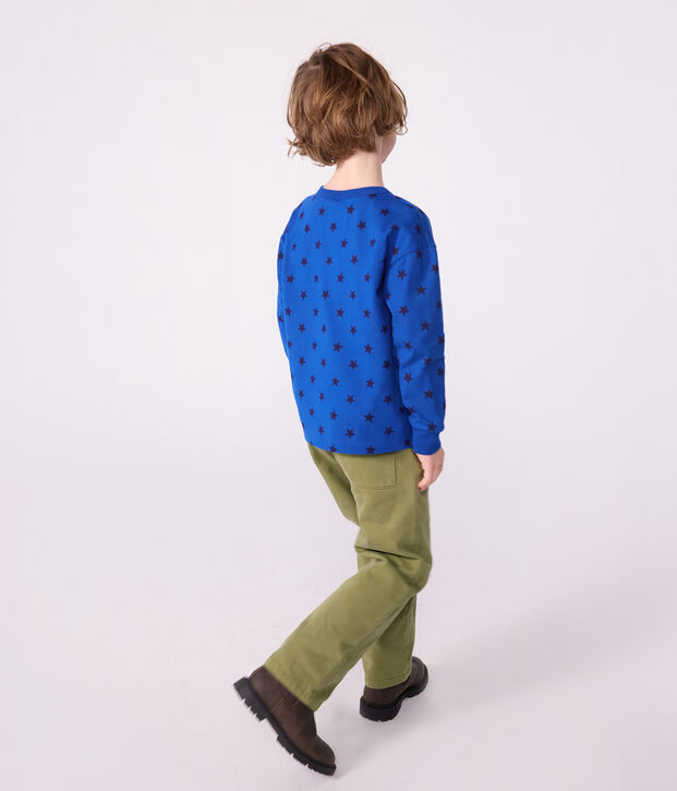 Tee-shirt enfant manches longues en coton imprim&eacute; bleu/bleu