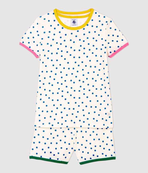 Korte meisjespyjama met blauwe stippen van katoen wit/blauw