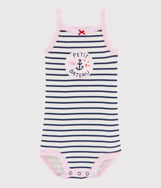 Rompertje met schouderbandjes baby meisje wit MARSHMALLOW/blauw MEDIEVAL