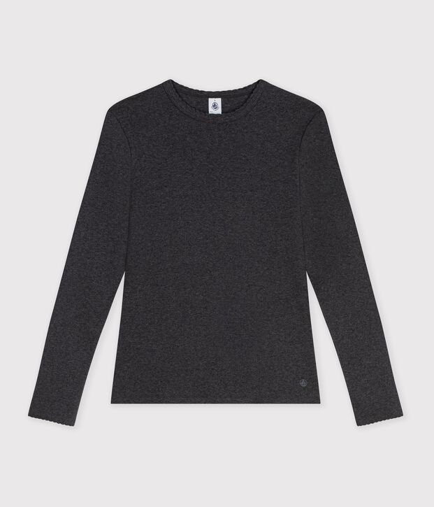 Katoenen dames-T-shirt met lange mouwen en kartelrandje. grijs