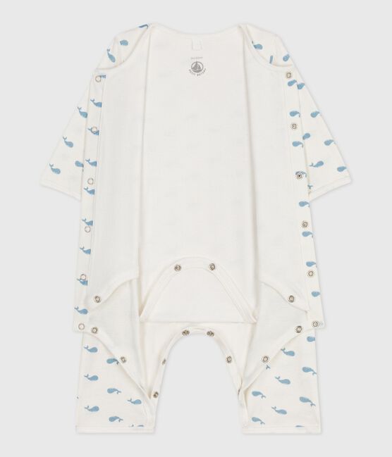 Katoenen bodypyjama zonder voetjes voor baby's met walvisprint MARSHMALLOW/ ADRIATIC