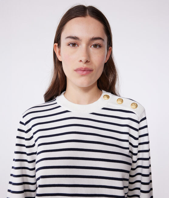 Gestreepte katoenen marinetrui voor dames wit MARSHMALLOW/blauw SMOKING