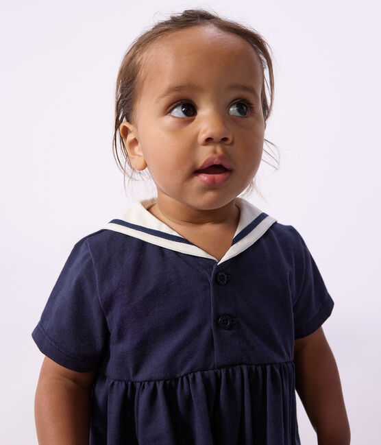 Robe bébé en coton manches courtes, unie avec son col marin bleu SMOKING