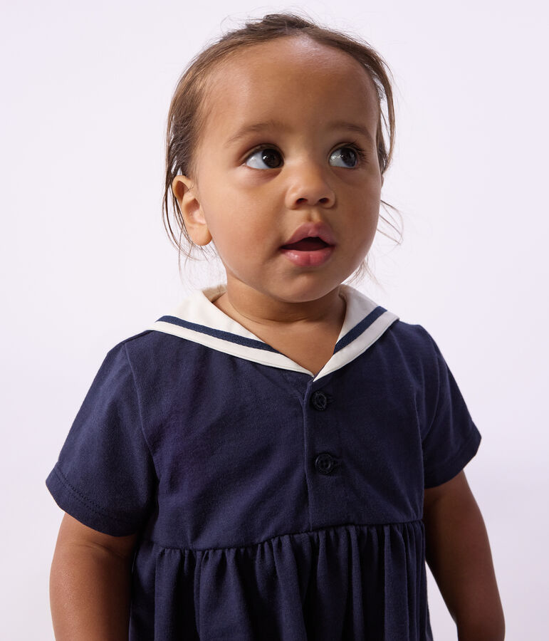 Robe b&eacute;b&eacute; en coton manches courtes, unie avec son col marin bleu
